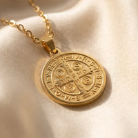 St. Benedict Shield, a sealed 18K gold St. Benedict medal necklace, a keepsake gift for protection
