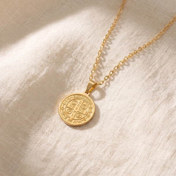 St. Benedict Shield, a sealed 18K gold St. Benedict medal necklace, a keepsake gift for protection
