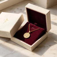 St. Benedict Shield, a sealed 18K gold St. Benedict medal necklace, a keepsake gift for protection