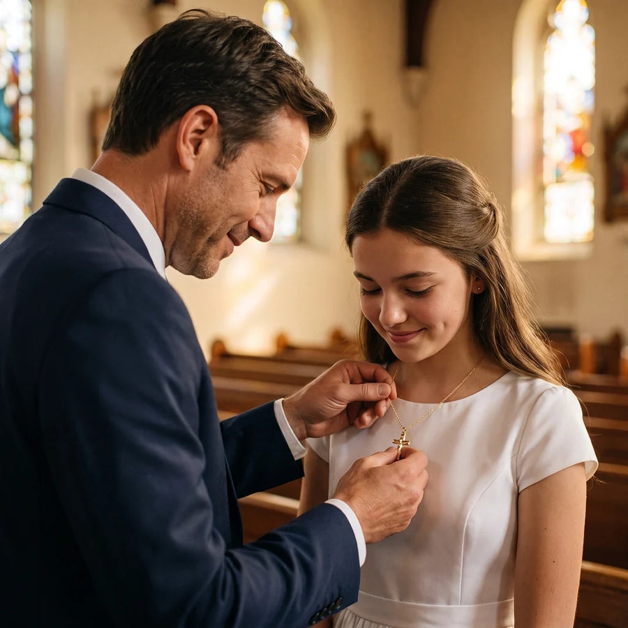 The Vow, a sealed 18K gold crucifix necklace, a keepsake gift for Confirmation